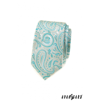 Wąski krawat z miętowym wzorem paisley