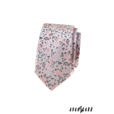 Luksusowy szary krawat slim z różowym wzorem