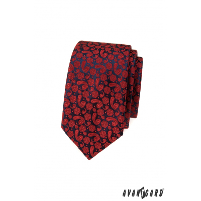 Wąski krawat z czerwonym wzorem