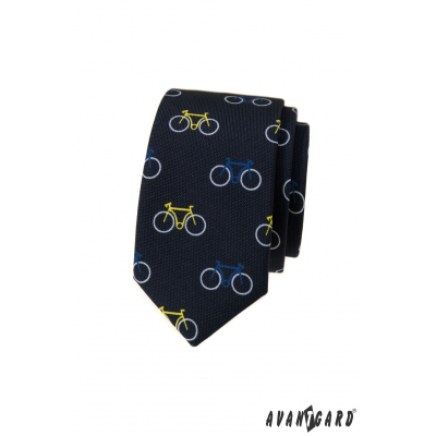 Niebieski wąski krawat, kolorowy wzór rowerowy