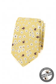Żółty bawełniany wąski krawat w białe kwiaty