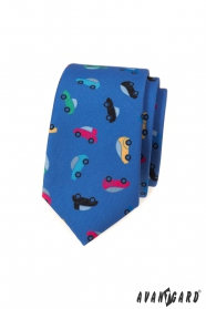 Niebieski wąski krawat z kolorowymi samochodzikami