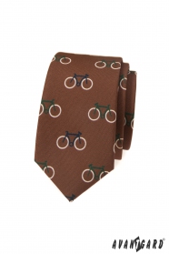 Brązowy wąski krawat, wzór rowerowy