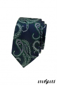 Niebieski wąski krawat, zielony wzór paisley