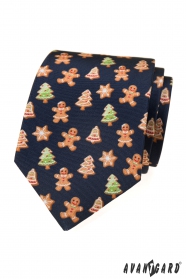 Niebieski krawat z piernikami świątecznymi