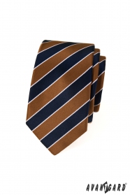 Wąski krawat w niebiesko-brązowe paski