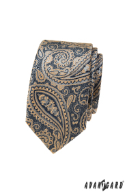 Niebieski wąski krawat z beżowym motywem paisley