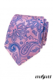 Różowy krawat z niebieskim wzorem Paisley