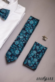 Niebieski wąski krawat z motywem kwiatów - szerokość 6 cm
