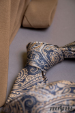 Niebieski wąski krawat z beżowym motywem paisley - szerokość 6 cm