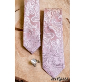 Różowy wąski krawat z motywem paisley