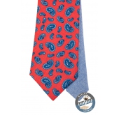 Czerwony jedwabny krawat z niebieskimi motywami paisley - szerokość 7 cm