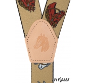 Męskie szelki z motywem konia w kolorze beżowej skóry i metalowymi klipsami